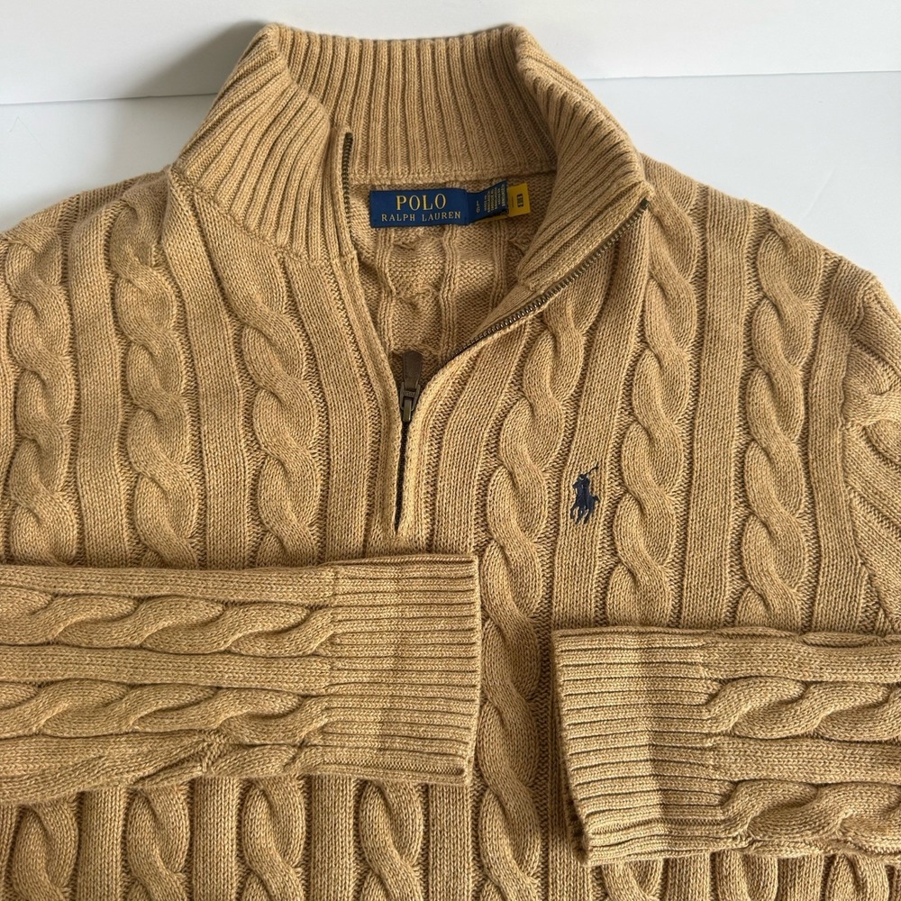 Polo Ralph Lauren 1/4 Zip Cable Knit Cotton Sweater Men's Large Tan CAMEL Pony
